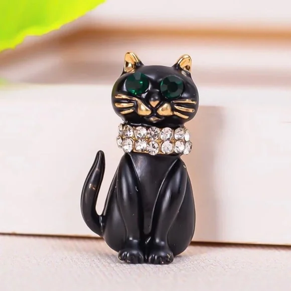 🐈‍⬛ Lovely Jeweled Black Kitty Car Brooch Pin 🐈‍⬛ - Picture 4 of 5